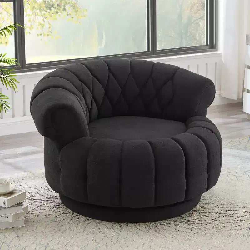 Fauteuil d'appoint pivotant moderne avec rembourrage épais, fauteuil club rond en chenille, fauteuil baril rotatif à 360° pour salon ou appartement-Panipeachy