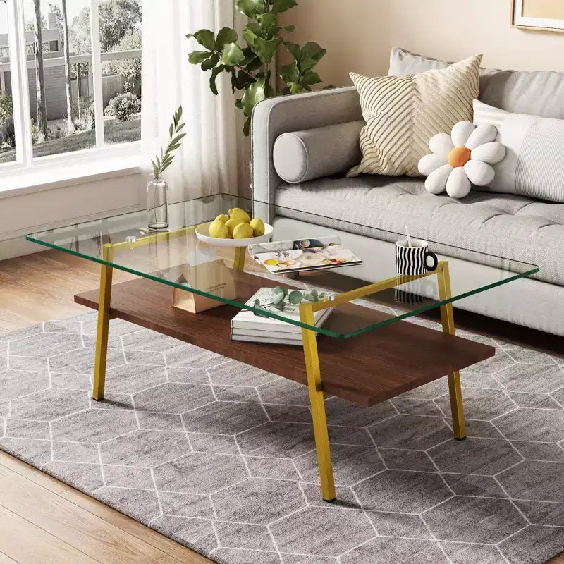 Table basse rectangulaireTable basse en verre avec plateau en verre trempé, pieds en métal, table transparente moderne pour salon, appartement ou maison