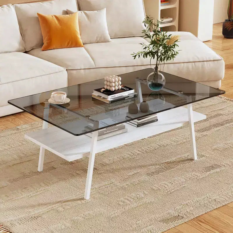 Table basse rectangulaireTable basse en verre avec plateau en verre trempé, pieds en métal, table transparente moderne pour salon, appartement ou maison