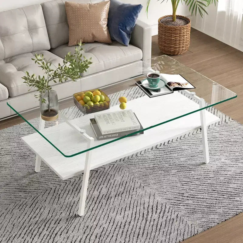 Table basse rectangulaireTable basse en verre avec plateau en verre trempé, pieds en métal, table transparente moderne pour salon, appartement ou maison