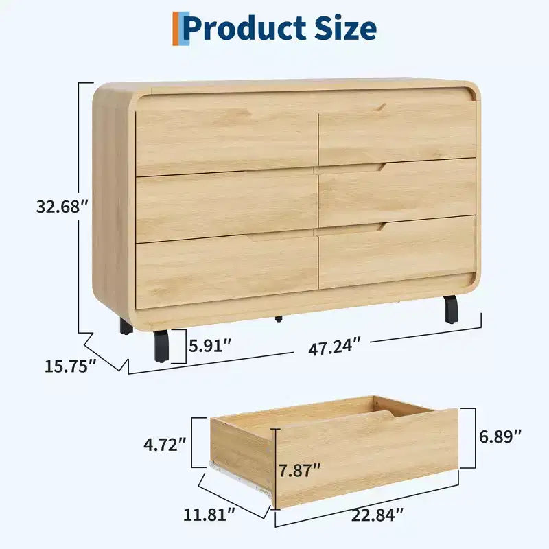 Commode à 6 tiroirs pour chambre à coucher, commode en bois moderne de 120 cm de large avec grand espace de rangement en bois, commode pour salon, couloir