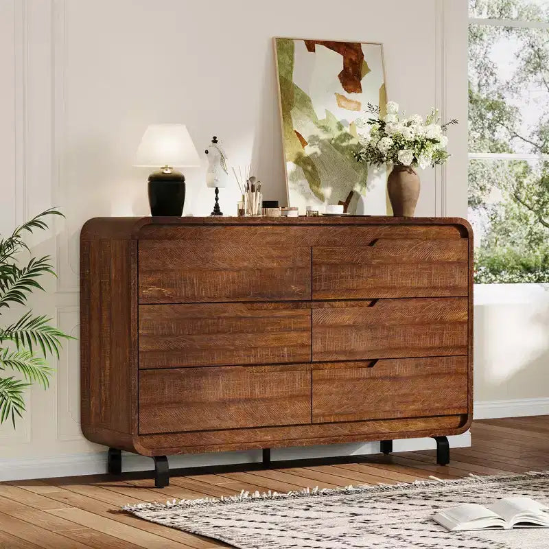 Commode à 6 tiroirs pour chambre à coucher, commode en bois moderne de 120 cm de large avec grand espace de rangement en bois, commode pour salon, couloir