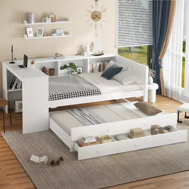 Lit de repos jumeau/double avec lit gigogne, cadre de lit en bois avec bureau, tiroirs de rangement et étagères, pas besoin de sommier tapissier - ModernLuxe
