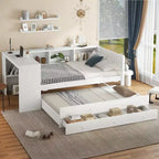 Lit de repos jumeau/double avec lit gigogne, cadre de lit en bois avec bureau, tiroirs de rangement et étagères, pas besoin de sommier tapissier - ModernLuxe