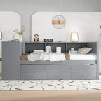Lit de repos jumeau/double avec lit gigogne, cadre de lit en bois avec bureau, tiroirs de rangement et étagères, pas besoin de sommier tapissier - ModernLuxe