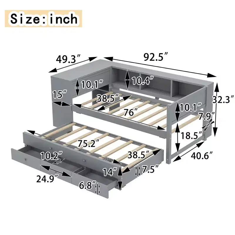 Lit de repos jumeau/double avec lit gigogne, cadre de lit en bois avec bureau, tiroirs de rangement et étagères, pas besoin de sommier tapissier - ModernLuxe