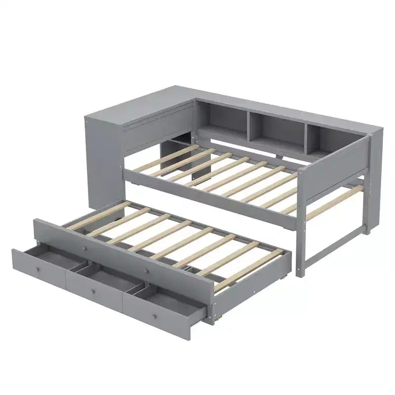 Lit de repos jumeau/double avec lit gigogne, cadre de lit en bois avec bureau, tiroirs de rangement et étagères, pas besoin de sommier tapissier - ModernLuxe