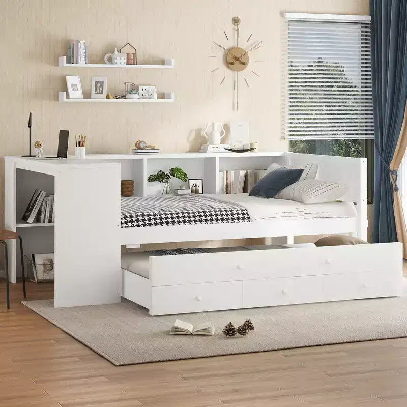 Lit de repos jumeau/double avec lit gigogne, cadre de lit en bois avec bureau, tiroirs de rangement et étagères, pas besoin de sommier tapissier - ModernLuxe