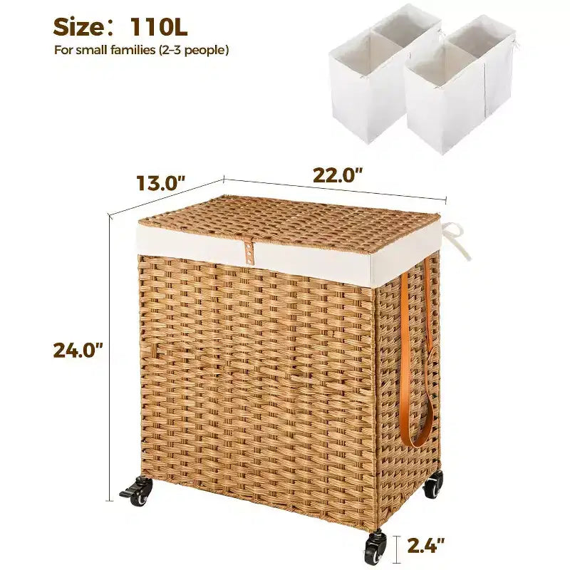 Panier à linge Greenstell avec couvercle, deux sacs intérieurs amovibles, panier de rangement à deux compartiments