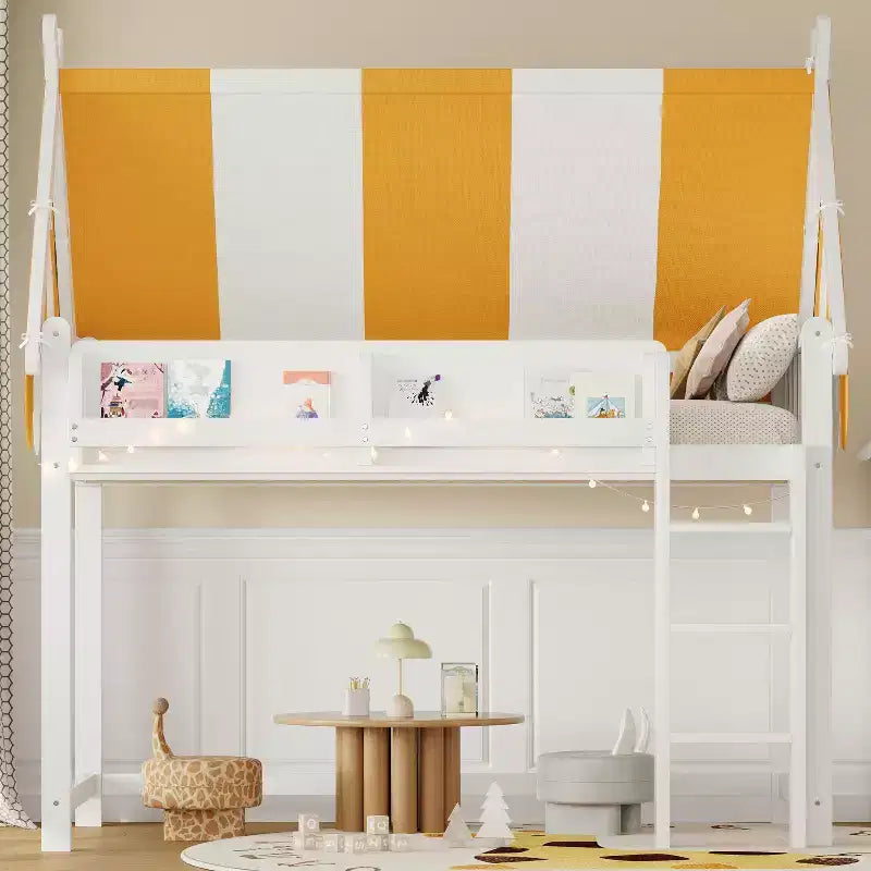 Lit mezzanine double pour enfants avec auvent, lumières LED et étagère - ModernLuxe