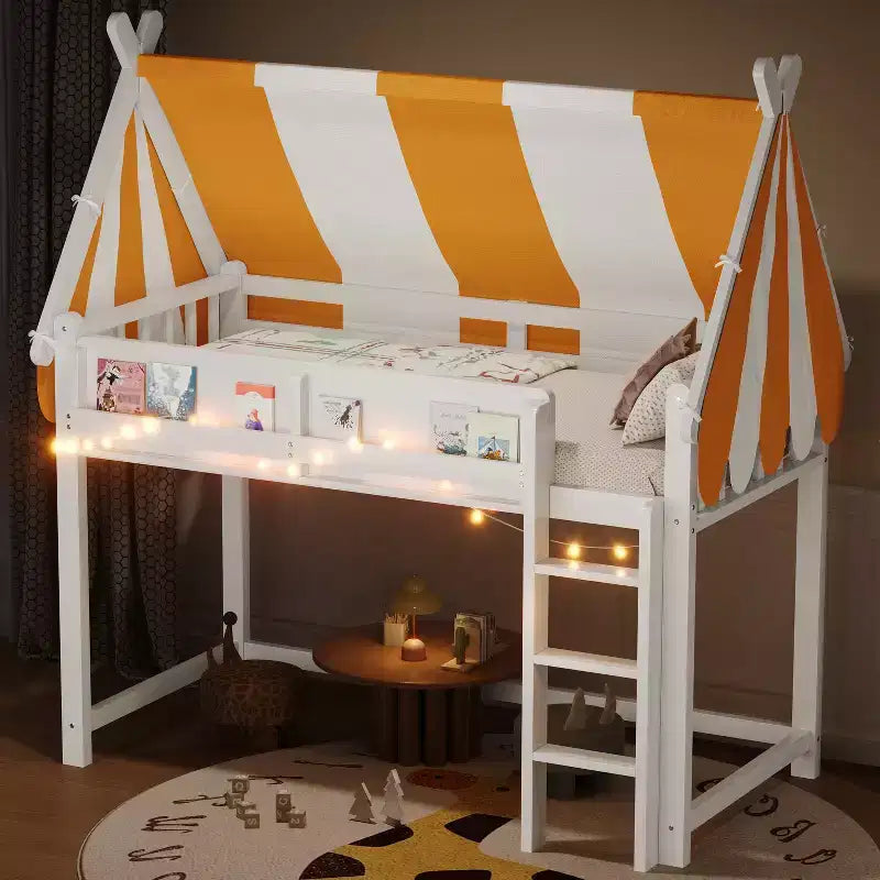 Lit mezzanine double pour enfants avec auvent, lumières LED et étagère - ModernLuxe