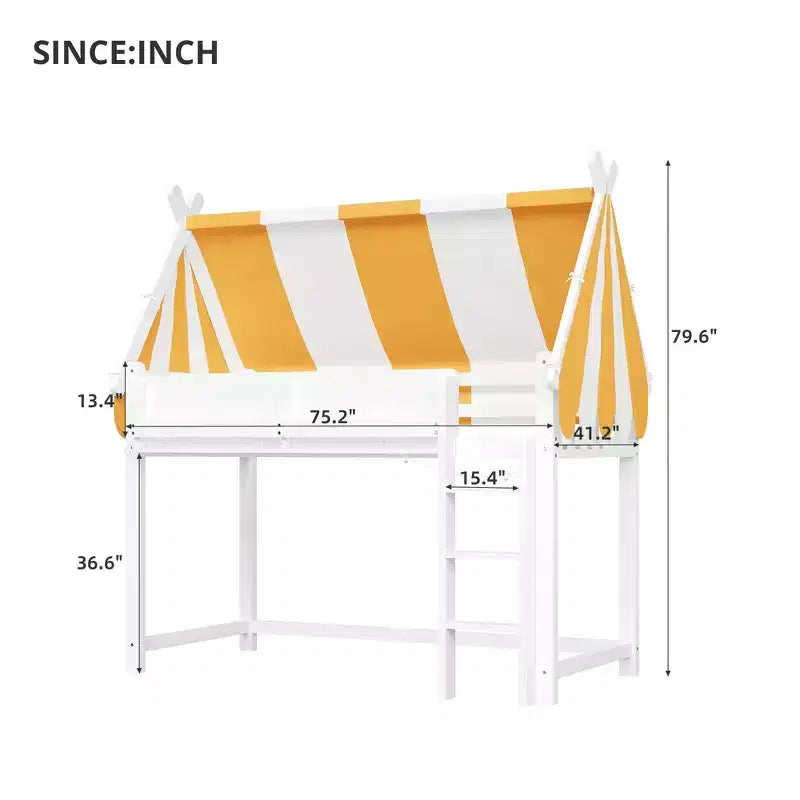 Lit mezzanine double pour enfants avec auvent, lumières LED et étagère - ModernLuxe