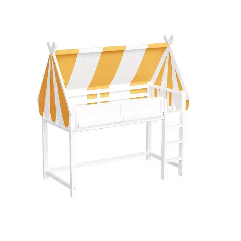 Lit mezzanine double pour enfants avec auvent, lumières LED et étagère - ModernLuxe