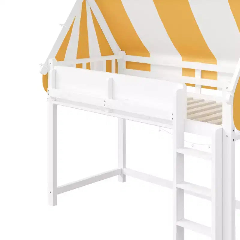 Lit mezzanine double pour enfants avec auvent, lumières LED et étagère - ModernLuxe