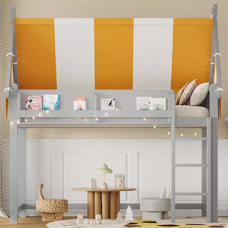 Lit mezzanine double pour enfants avec auvent, lumières LED et étagère - ModernLuxe