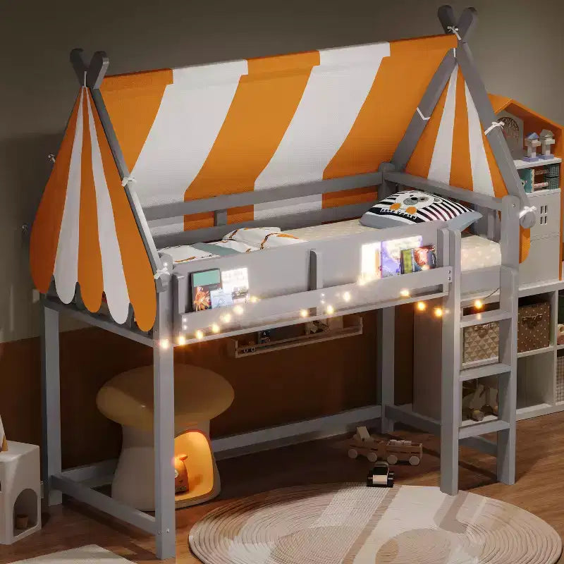 Lit mezzanine double pour enfants avec auvent, lumières LED et étagère - ModernLuxe