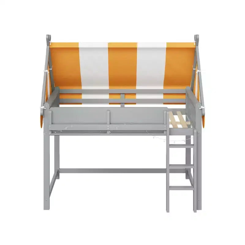 Lit mezzanine double pour enfants avec auvent, lumières LED et étagère - ModernLuxe