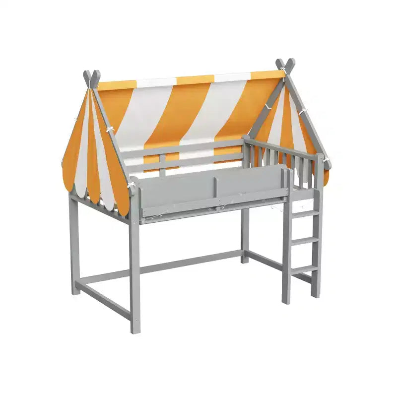 Lit mezzanine double pour enfants avec auvent, lumières LED et étagère - ModernLuxe