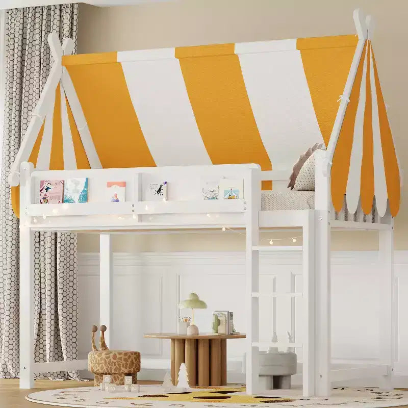 Lit mezzanine double pour enfants avec auvent, lumières LED et étagère - ModernLuxe