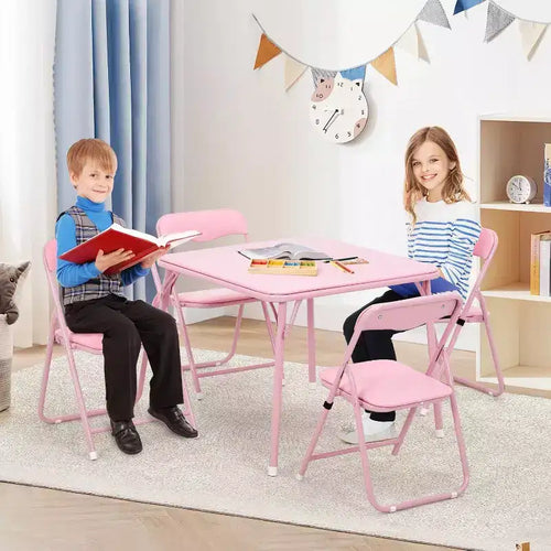 Acekool Table de jeu pliante en métal avec 4 chaises, chaises pliantes rembourrées roses avec coussin et cadre en acier, table carrée pliable pour salle à manger