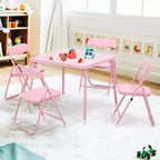 Acekool Table de jeu pliante en métal avec 4 chaises, chaises pliantes rembourrées roses avec coussin et cadre en acier, table carrée pliable pour salle à manger