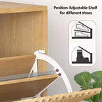 Meuble à chaussures fin et autoportant pour entrée avec 2 tiroirs basculants et étagère inférieure ouverte, organisateur de rangement à chaussures étroit cannelé avec crochets latéraux amovibles