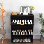 Meuble à chaussures fin et autoportant pour entrée avec 2 tiroirs basculants et étagère inférieure ouverte, organisateur de rangement à chaussures étroit cannelé avec crochets latéraux amovibles