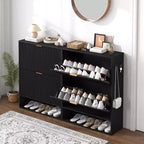Meuble à chaussures fin et autoportant pour entrée avec 2 tiroirs basculants et étagère inférieure ouverte, organisateur de rangement à chaussures étroit cannelé avec crochets latéraux amovibles