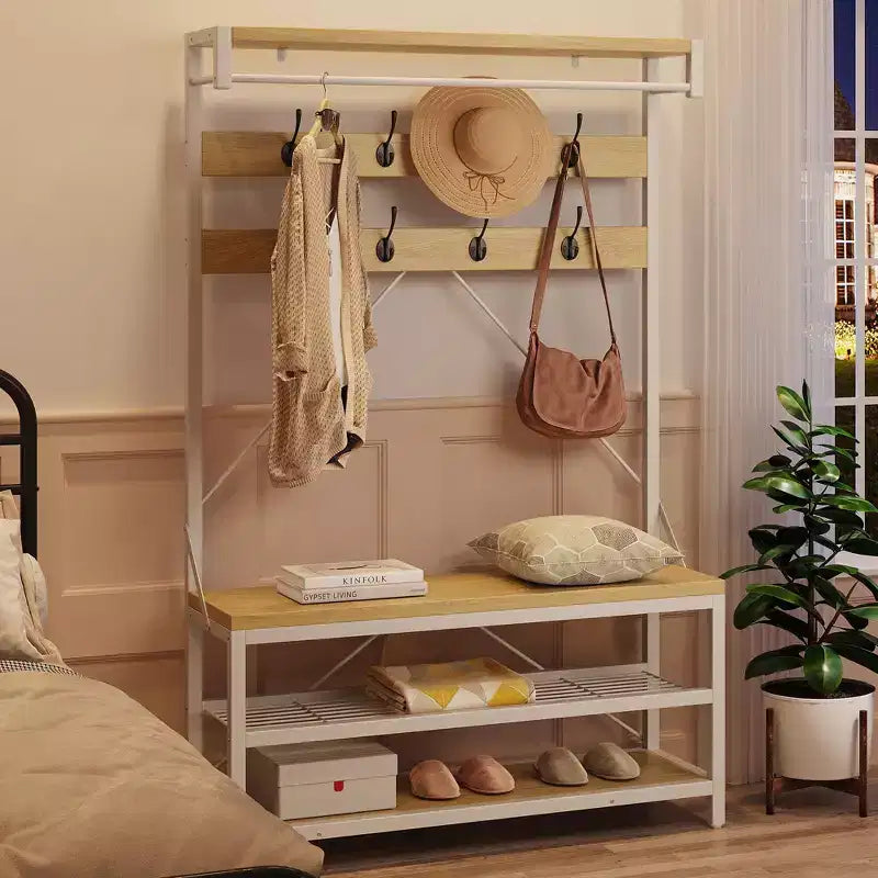 COZONY Meuble d'entrée porte-manteaux et banc à chaussures, 8 crochets, étagère de rangement, accent aspect bois, organisateur d'entrée