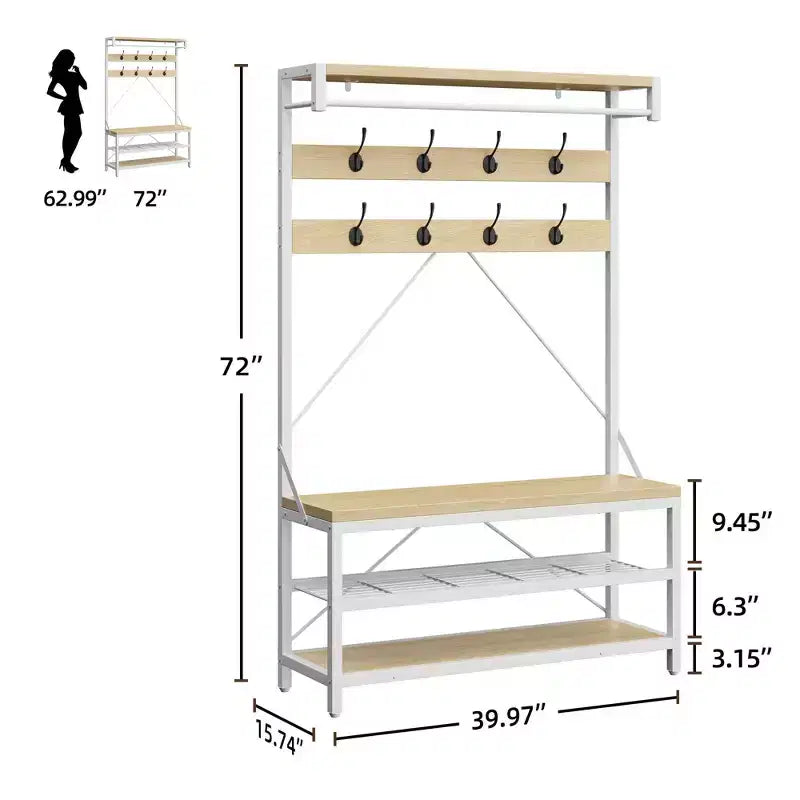 COZONY Meuble d'entrée porte-manteaux et banc à chaussures, 8 crochets, étagère de rangement, accent aspect bois, organisateur d'entrée