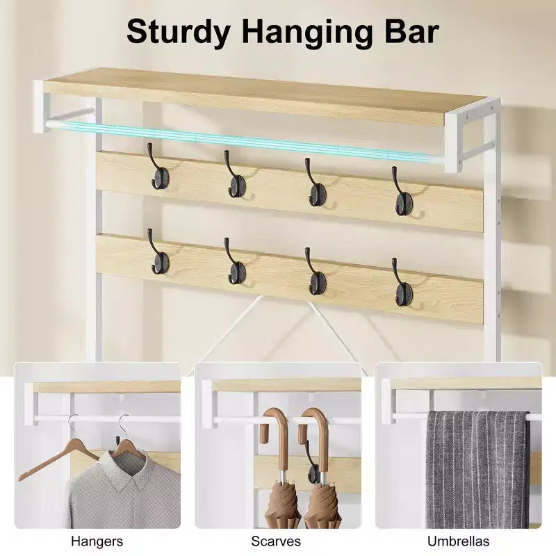 COZONY Meuble d'entrée porte-manteaux et banc à chaussures, 8 crochets, étagère de rangement, accent aspect bois, organisateur d'entrée