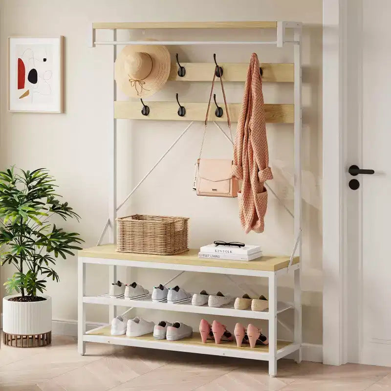 COZONY Meuble d'entrée porte-manteaux et banc à chaussures, 8 crochets, étagère de rangement, accent aspect bois, organisateur d'entrée