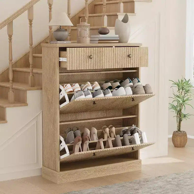 Armoire à chaussures étroite et cannelée 42, 2 tiroirs basculants et tiroir supérieur, profil incurvé, organisateur en bois pour entrée, couloir