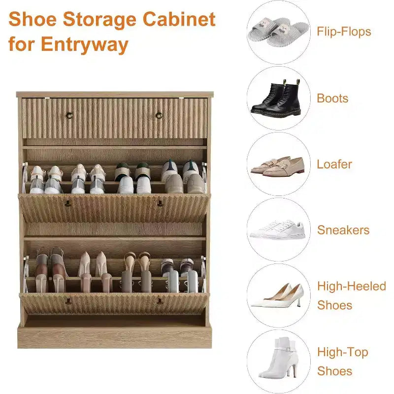 Armoire à chaussures étroite et cannelée 42, 2 tiroirs basculants et tiroir supérieur, profil incurvé, organisateur en bois pour entrée, couloir