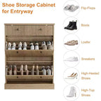 Armoire à chaussures étroite et cannelée 42, 2 tiroirs basculants et tiroir supérieur, profil incurvé, organisateur en bois pour entrée, couloir