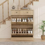 Armoire à chaussures étroite et cannelée 42, 2 tiroirs basculants et tiroir supérieur, profil incurvé, organisateur en bois pour entrée, couloir