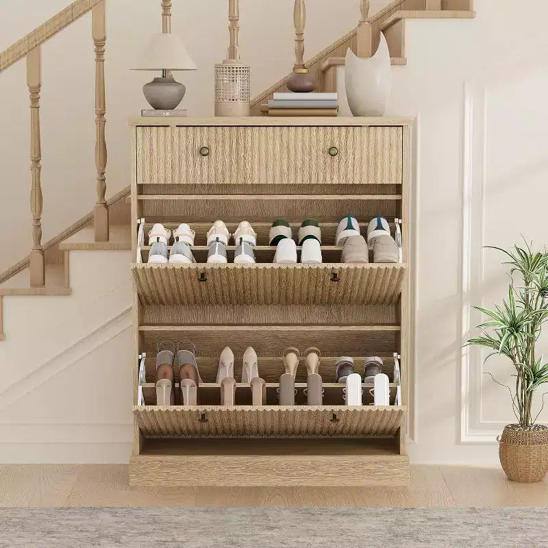 Armoire à chaussures étroite et cannelée 42, 2 tiroirs basculants et tiroir supérieur, profil incurvé, organisateur en bois pour entrée, couloir