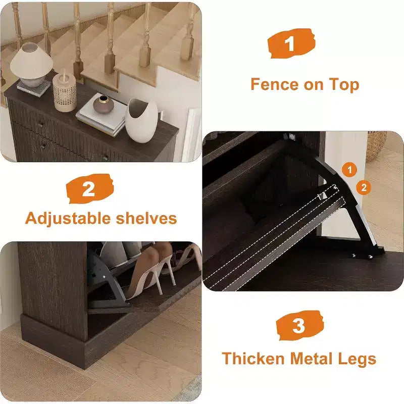 Armoire à chaussures étroite et cannelée 42, 2 tiroirs basculants et tiroir supérieur, profil incurvé, organisateur en bois pour entrée, couloir