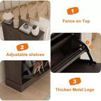 Armoire à chaussures étroite et cannelée 42, 2 tiroirs basculants et tiroir supérieur, profil incurvé, organisateur en bois pour entrée, couloir