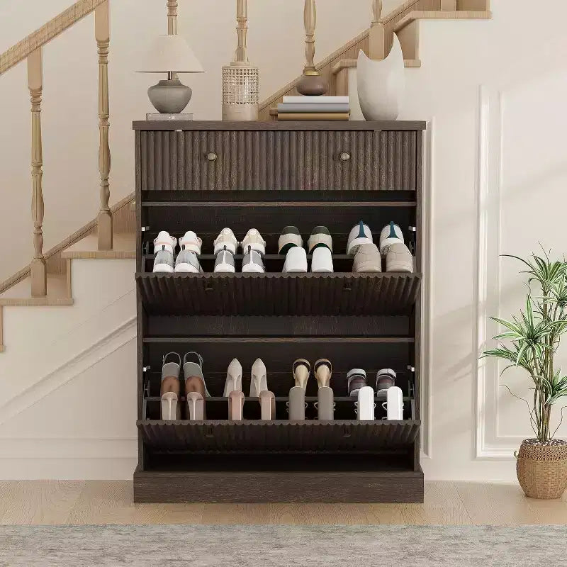 Armoire à chaussures étroite et cannelée 42, 2 tiroirs basculants et tiroir supérieur, profil incurvé, organisateur en bois pour entrée, couloir