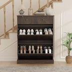 Armoire à chaussures étroite et cannelée 42, 2 tiroirs basculants et tiroir supérieur, profil incurvé, organisateur en bois pour entrée, couloir