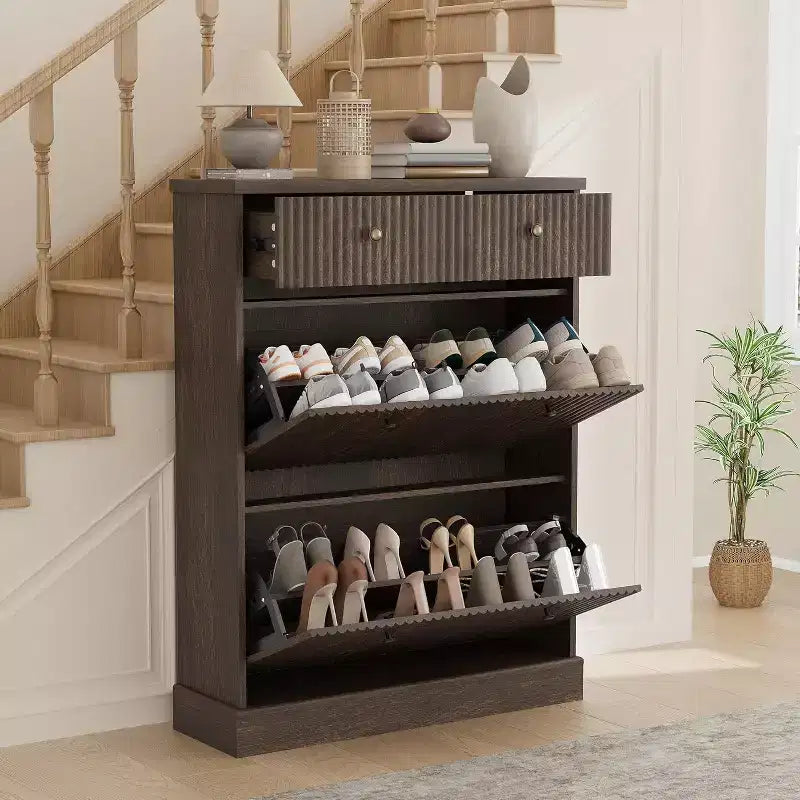 Armoire à chaussures étroite et cannelée 42, 2 tiroirs basculants et tiroir supérieur, profil incurvé, organisateur en bois pour entrée, couloir