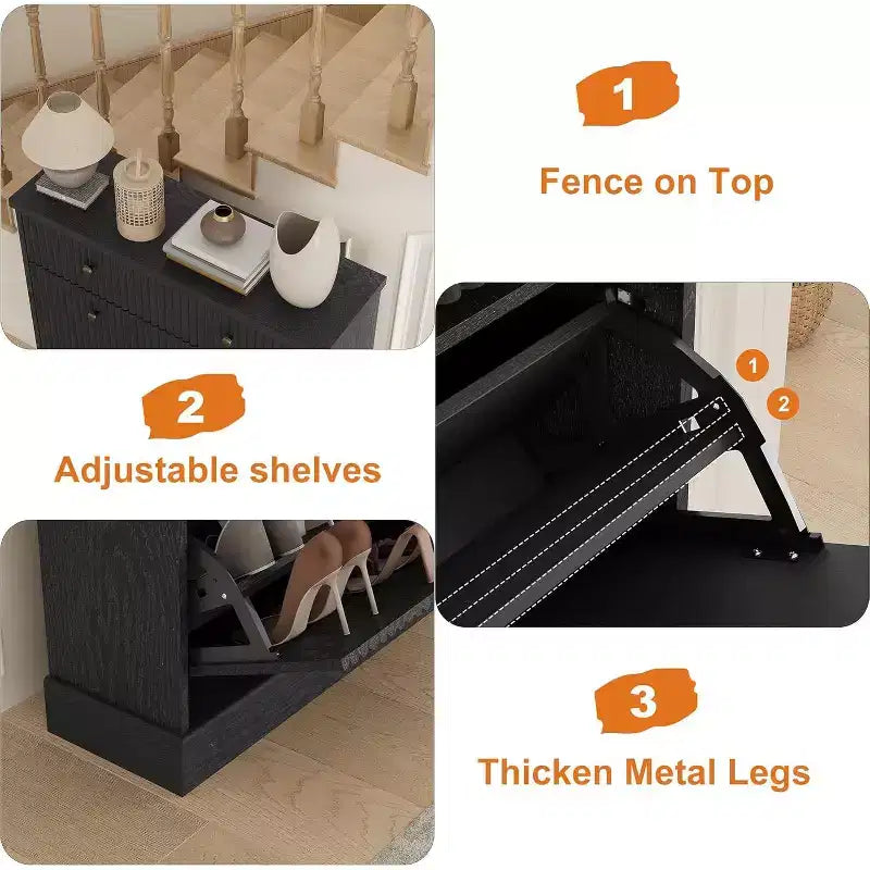Armoire à chaussures étroite et cannelée 42, 2 tiroirs basculants et tiroir supérieur, profil incurvé, organisateur en bois pour entrée, couloir
