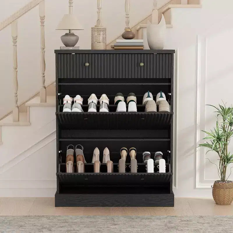 Armoire à chaussures étroite et cannelée 42, 2 tiroirs basculants et tiroir supérieur, profil incurvé, organisateur en bois pour entrée, couloir