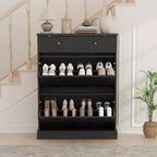 Armoire à chaussures étroite et cannelée 42, 2 tiroirs basculants et tiroir supérieur, profil incurvé, organisateur en bois pour entrée, couloir
