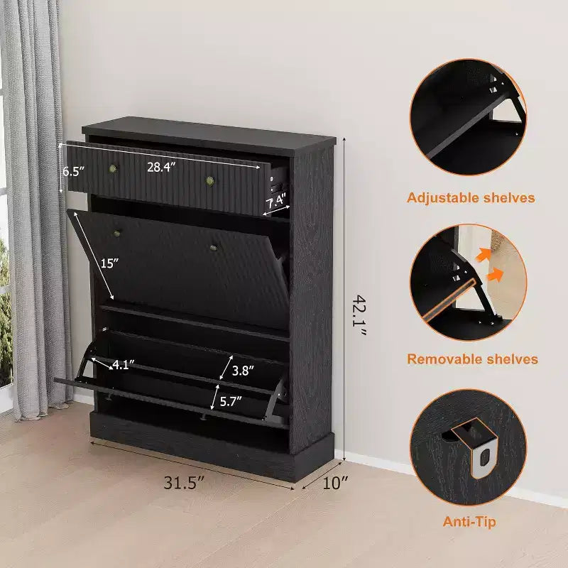 Armoire à chaussures étroite et cannelée 42, 2 tiroirs basculants et tiroir supérieur, profil incurvé, organisateur en bois pour entrée, couloir