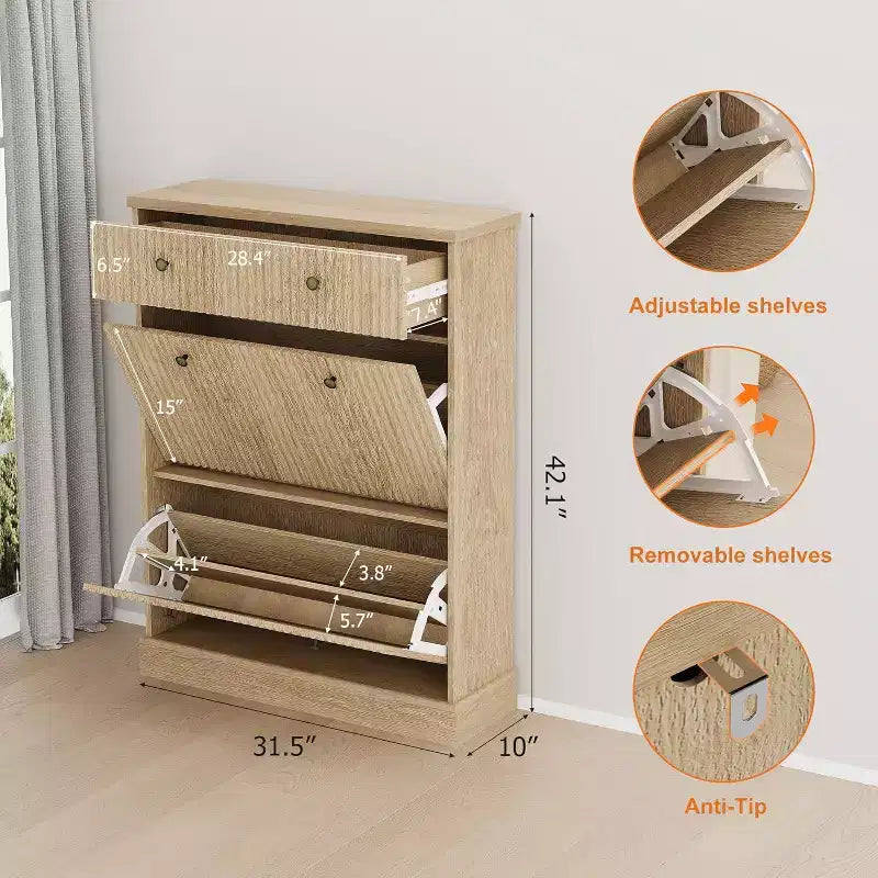 Armoire à chaussures étroite et cannelée 42, 2 tiroirs basculants et tiroir supérieur, profil incurvé, organisateur en bois pour entrée, couloir
