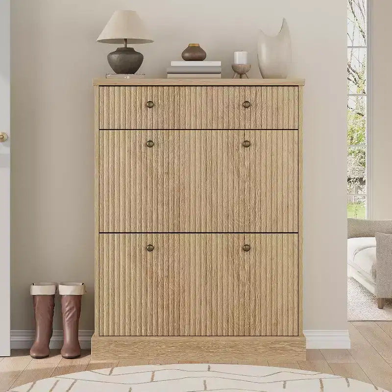 Armoire à chaussures étroite et cannelée 42, 2 tiroirs basculants et tiroir supérieur, profil incurvé, organisateur en bois pour entrée, couloir