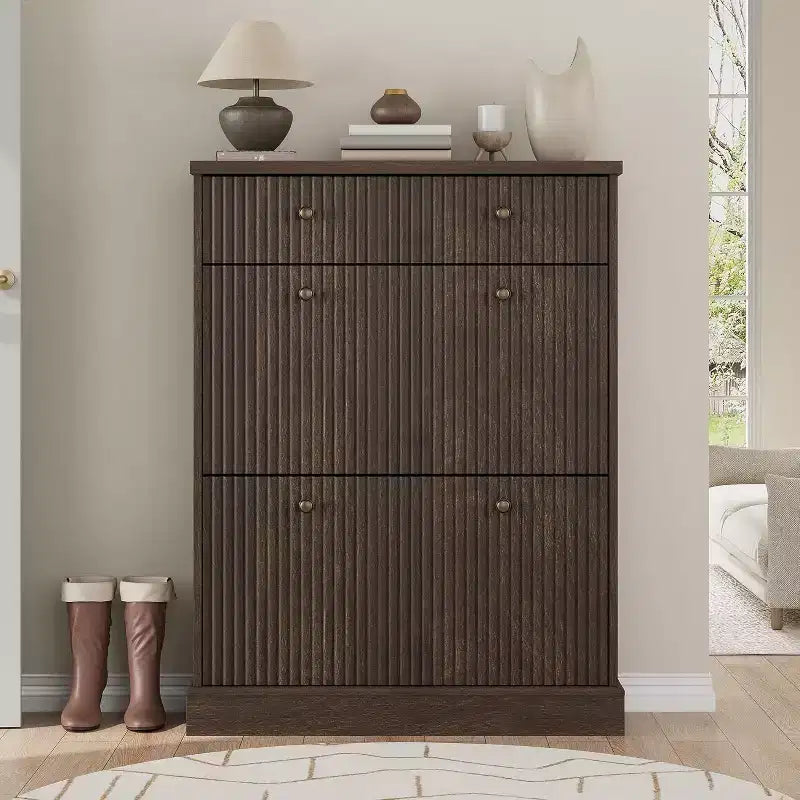 Armoire à chaussures étroite et cannelée 42, 2 tiroirs basculants et tiroir supérieur, profil incurvé, organisateur en bois pour entrée, couloir
