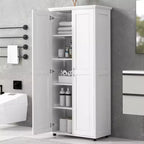 Armoire de rangement haute de salle de bain, meuble de sol autoportant avec 2 portes, étagères réglables, 5 compartiments intérieurs pour cuisine/garde-manger